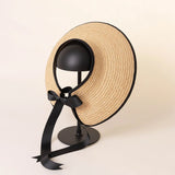 Boho Summer Beach Hat - Wide Brim Straw Sun Hat with Black and White Ribbon