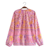 Boho Top for Women – Bohemian Blouse - Freya Blue and Pink Floral Long Sleeve Top