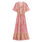 Bohemian Maxi Dress – “Rosewater Bloom” Pink Floral Tie-Neck Pleated Maxi Dress