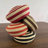 Boho Pillbox Hat - Striped Straw Beach Beret Hat