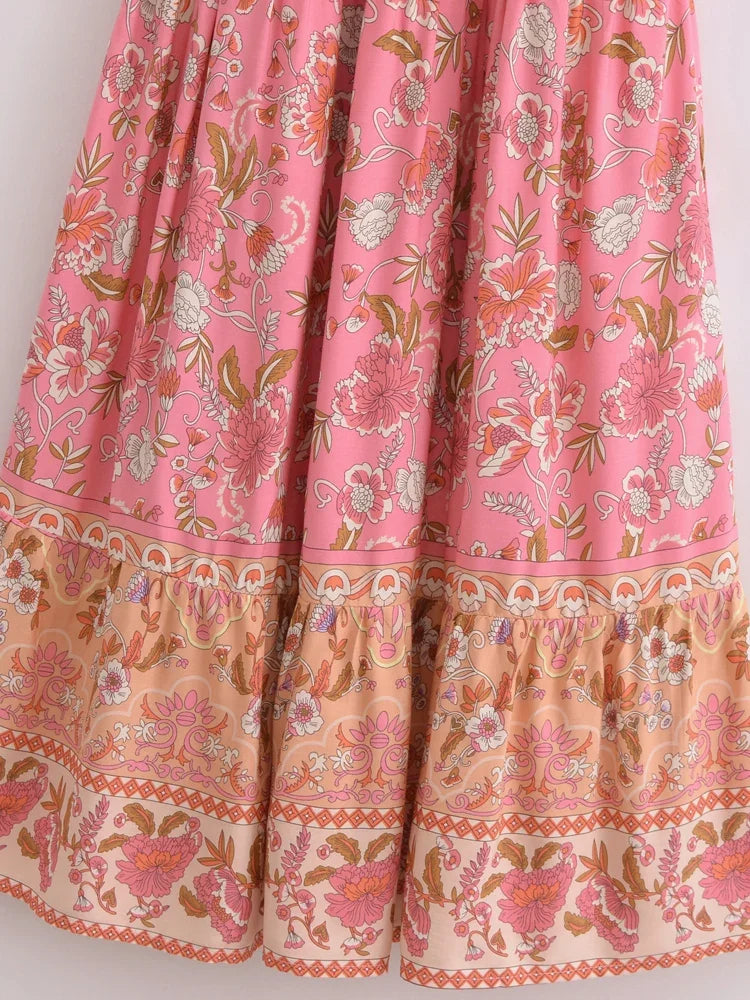 Boho Chic Maxi Dress – Pink Floral Print Summer Sundress Addison