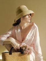 Boho Sun Beach Hat - Wheat Straw Cloche Hat with Ribbon