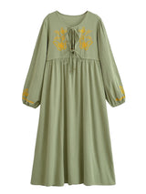 Bohemian Maxi Dress – “Botanical Muse” Butterfly Embroidered Long Sleeve Tie-Neck Dress