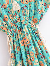 Bohemian Maxi Dress – “Jade Garden” Green Floral Batwing Tie-Waist Maxi Dress