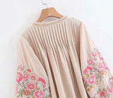 Boho Blouse – “Petal Muse” Embroidered Floral Sleeve Top in Ivory & Pink