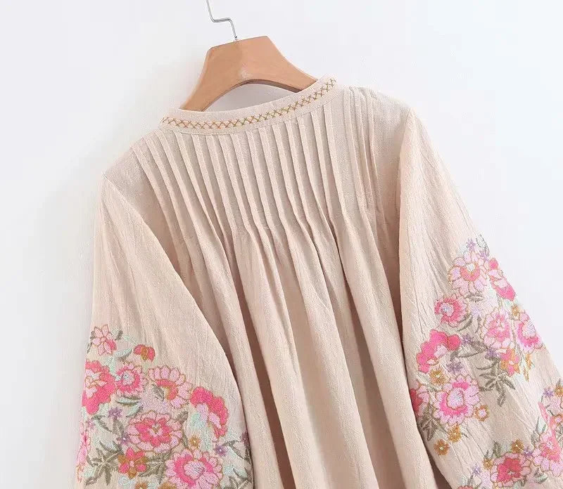 Boho Blouse – “Petal Muse” Embroidered Floral Sleeve Top in Ivory & Pink