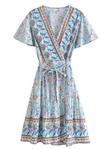 Boho Mini Dress – “Azure Meadow” Light Blue Floral V-Neck Tie-Waist Dress
