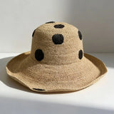 Boho Bucket Hat - Polka Dot Raffia Wide Brim Hat