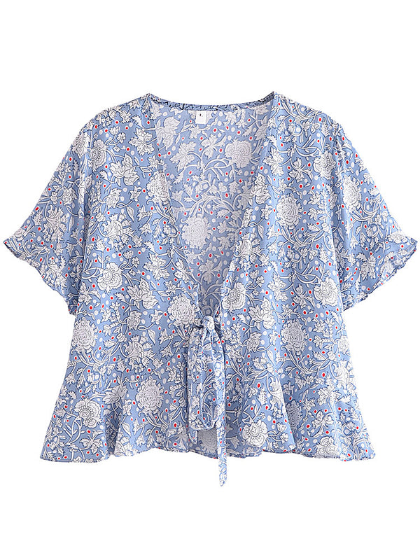 Boho Tops for Women - Bohemian Blouse -  Blue Floral -Front Blouse