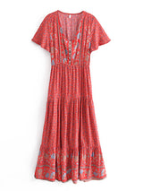 Boho Maxi Dress – Addison in Red and Green, Flowy Summer Sundress