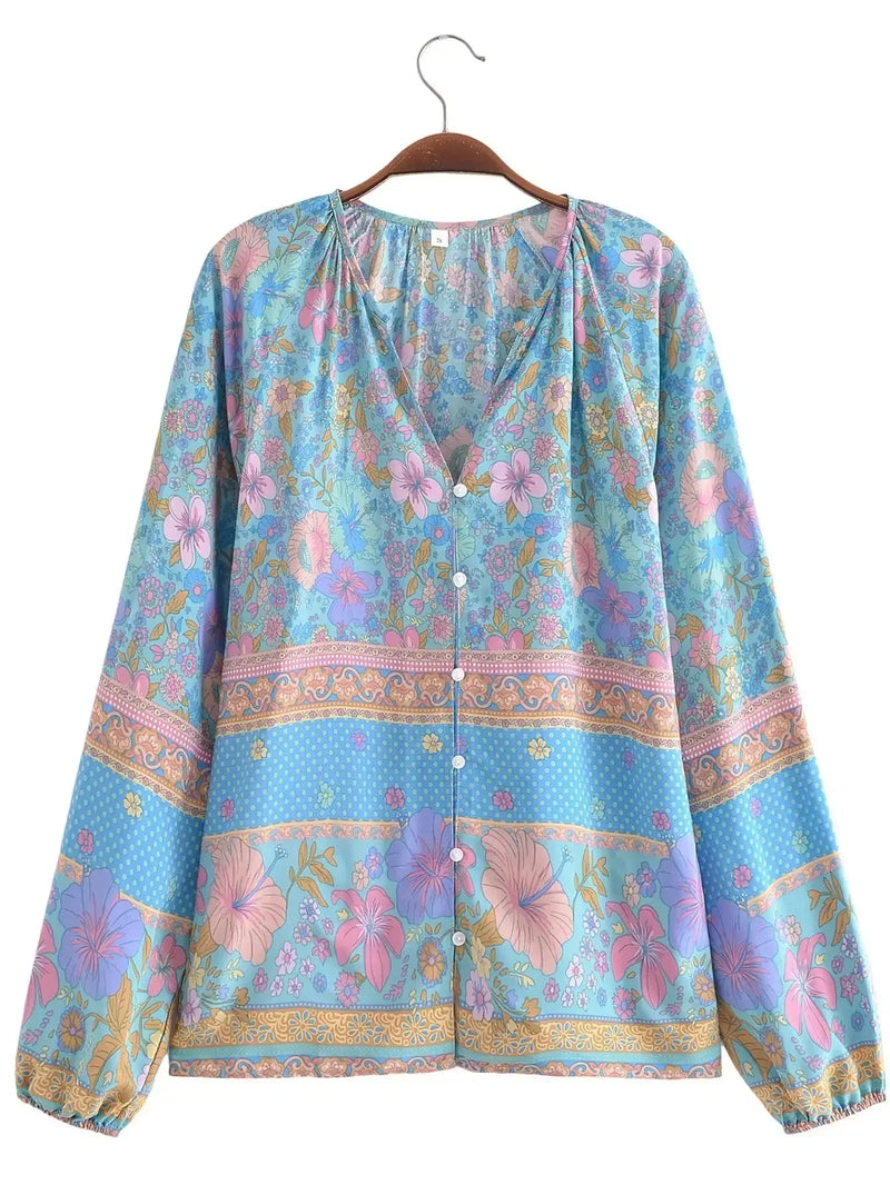 Boho Top for Women – Bohemian Blouse - Freya Blue and Pink Floral Long Sleeve Top