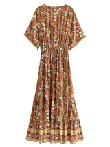 Bohemian Maxi Dress – “Amber Wildflower” Brown Floral Button-Front Tassel-Tie Boho Dress