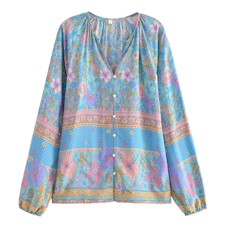 Boho Top for Women – Bohemian Blouse - Freya Blue and Pink Floral Long Sleeve Top