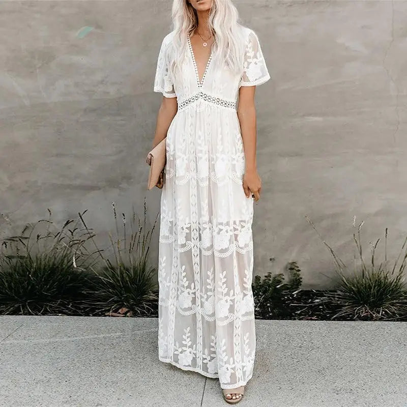 Boho White Dress – Maxi Dress - Boho Dress - “Moonflower” Lace Embroidered Gown