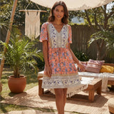 Bohemian Mini Dress – “Boho Bloom” Floral Print V-Neck Tie-Waist Mini Dress