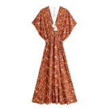 Bohemian Maxi Gown – “Amber Garden” Brown Floral Batwing Sleeve Tassel Dress