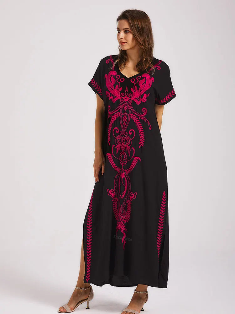 Boho Maxi Dress - Beach Dress, Kaftan Dress Vintage Embroidered in Myla Blue and Black