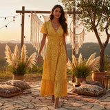 Bohemian Maxi Dress – “Honey Solstice” Yellow Sunflower V-Neck Tie-Waist Boho Dress