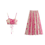 Boho Two Piece Set - Crop Top and Skirt for Summer Vacation Beach Vibes Pink Garden