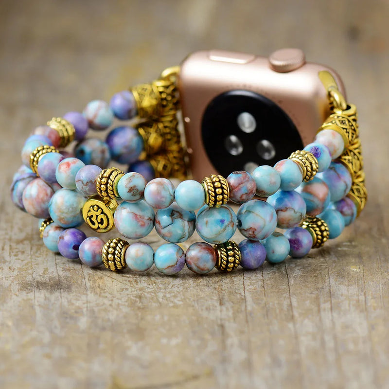 Boho Apple Watch Band - Gold Imperial Jaspers Beads Wrist Stretch Bracelet