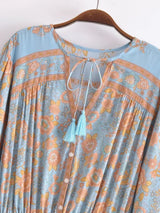 Boho Mini Dress – “Apricot Sky” Light Blue Floral Long Sleeve Tie-Neck Dress