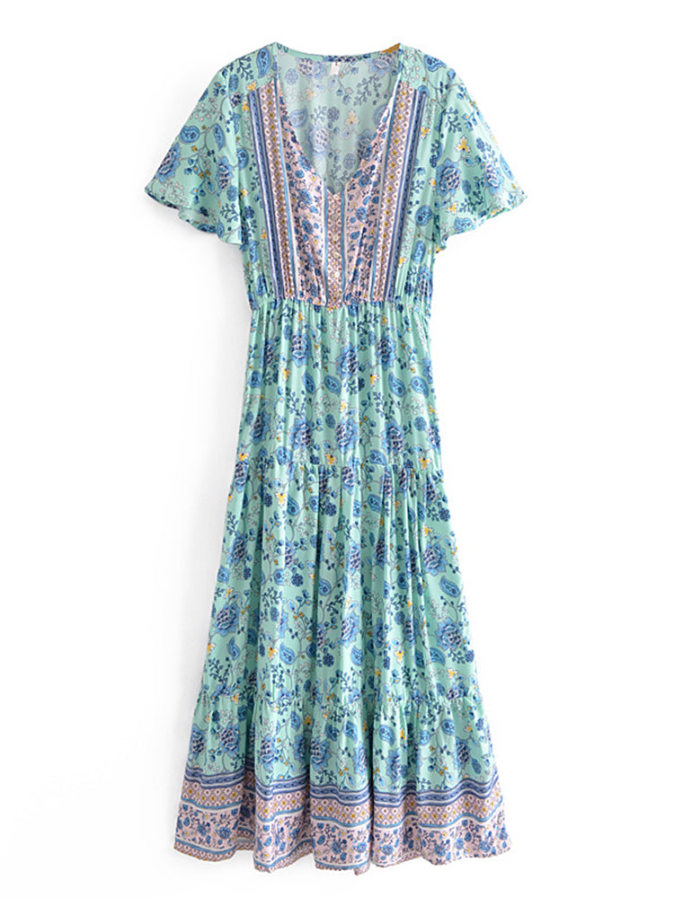 Boho Maxi Dress - Bohemian Dress – Addison in Pink and Green, Flowy Summer Sundress