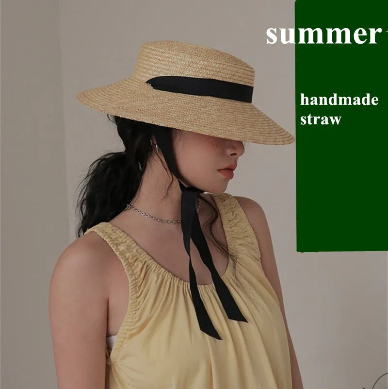 Boho Hat - Wide Brim Straw Sun Hat with Vintage Style Bamby Black Ribbon