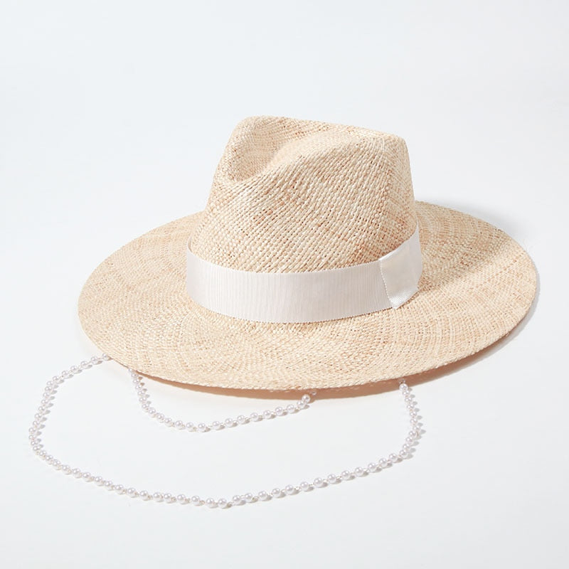 Double Chain Strap Fedora Hat for Women - Summer Sun Hats with Neck Pearls - Sunshade Beach Hat - Raffia Wedding Hat