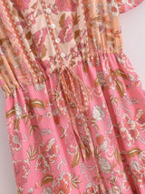 Bohemian Maxi Dress – “Rosewater Bloom” Pink Floral Tie-Neck Pleated Maxi Dress