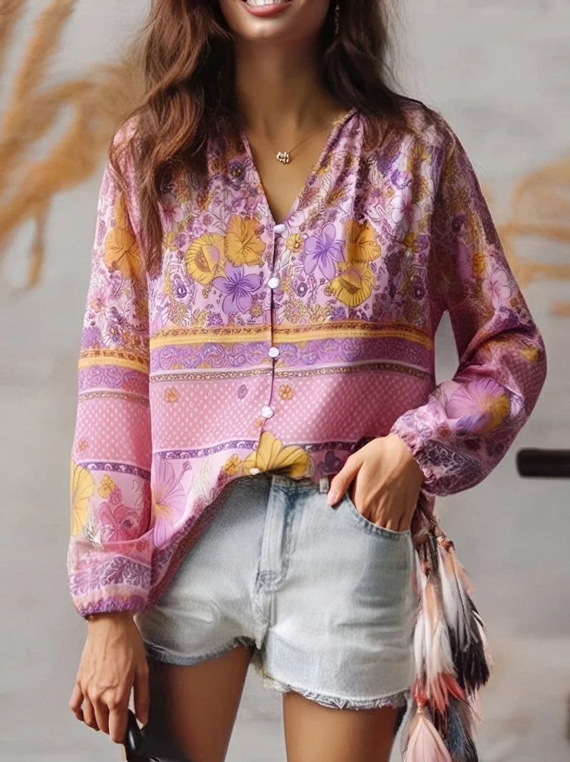 Boho Top for Women – Bohemian Blouse - Freya Blue and Pink Floral Long Sleeve Top