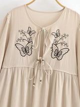 Bohemian Maxi Dress – “Botanical Muse” Butterfly Embroidered Long Sleeve Tie-Neck Dress