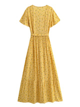 Bohemian Maxi Dress – “Honey Solstice” Yellow Sunflower V-Neck Tie-Waist Boho Dress