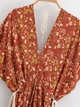 Bohemian Maxi Gown – “Amber Garden” Brown Floral Batwing Sleeve Tassel Dress