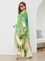 Boho Maxi Dress - Beach Dress, Kaftan Dress Vintage Embroidered in Danica Green Peacock