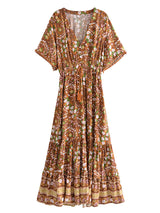 Bohemian Maxi Dress – “Amber Wildflower” Brown Floral Button-Front Tassel-Tie Boho Dress