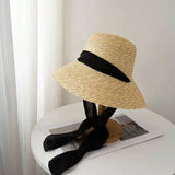 Boho Sun Beach Hat - Wide Brim Straw Boater Hat with Bow Ribbon