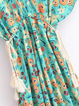 Bohemian Maxi Dress – “Jade Garden” Green Floral Batwing Tie-Waist Maxi Dress