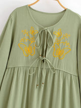 Bohemian Maxi Dress – “Botanical Muse” Butterfly Embroidered Long Sleeve Tie-Neck Dress