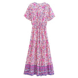 Boho Maxi Dress – “Lavender Reverie” Purple Floral Short Sleeve V-Neck Dress