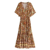 Bohemian Maxi Dress – “Amber Wildflower” Brown Floral Button-Front Tassel-Tie Boho Dress
