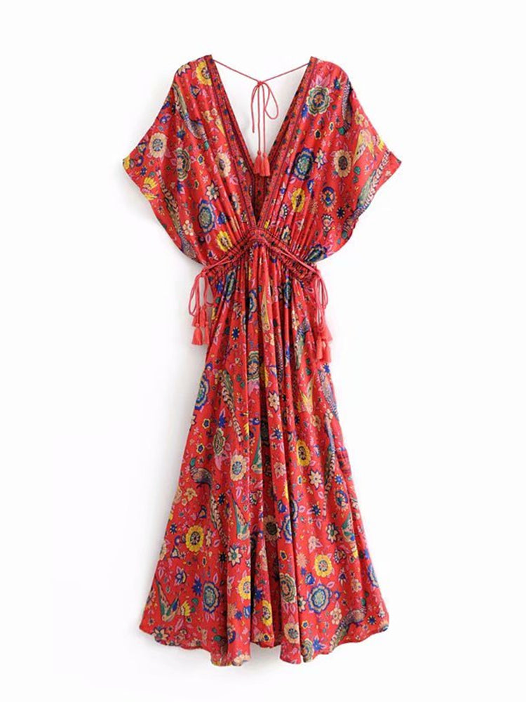 Bohemian Maxi Dress – “Mirage” Flowing Festival Gown Boho Beach Dress in Blue and Red