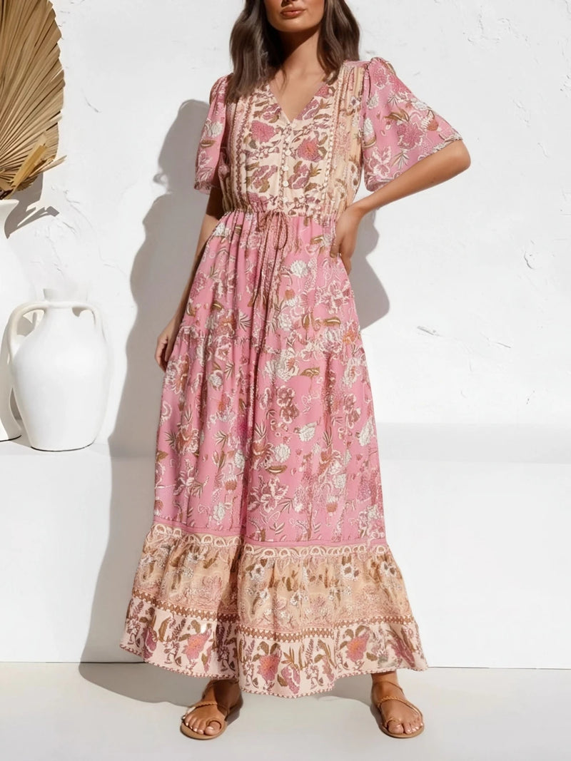 Boho Chic Maxi Dress – Pink Floral Print Summer Sundress Addison