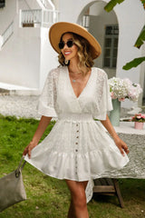 Boho Mini Dress – Boho White Dres –“Whisper Light” Batwing Sleeve Mini Sundress with Buttons