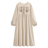 Bohemian Maxi Dress – “Botanical Muse” Butterfly Embroidered Long Sleeve Tie-Neck Dress