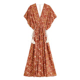 Bohemian Maxi Gown – “Amber Garden” Brown Floral Batwing Sleeve Tassel Dress