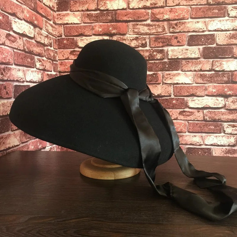 Boho Hat, Floppy Vintage Hat, Audrey Black Wool White Scraf  display picture 3