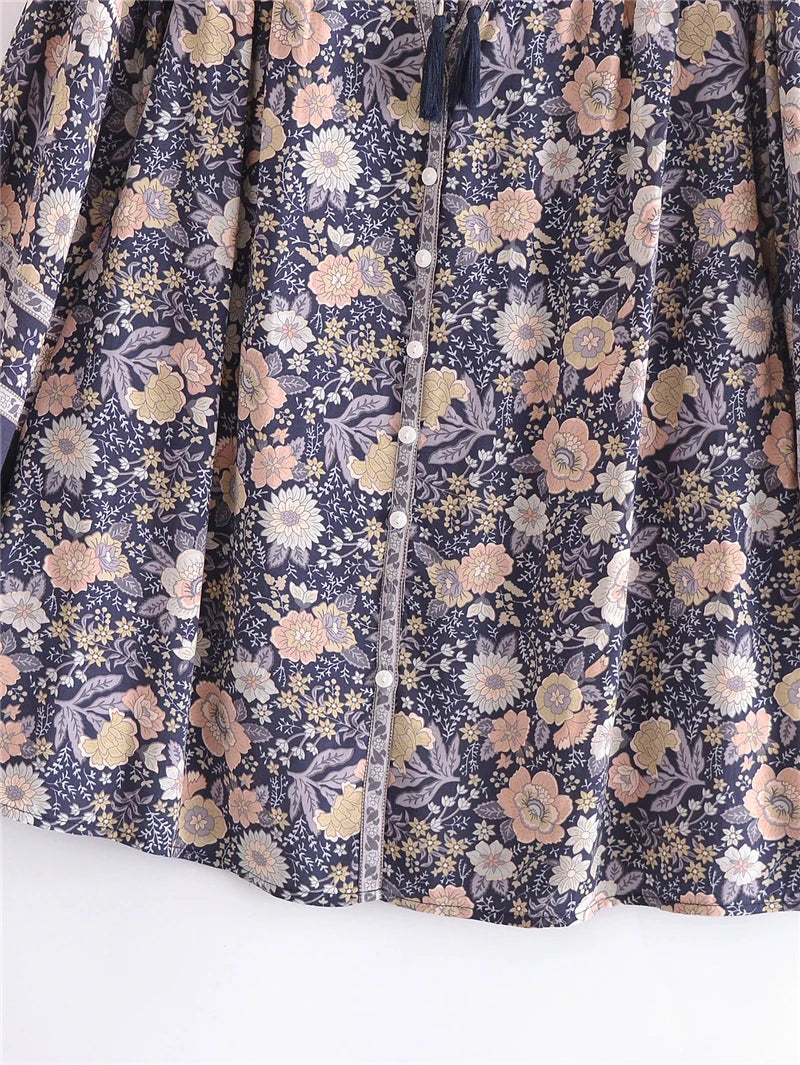Boho Blouse – “Wild Petal” – Boho Floral Tunic Tops in Pink & Blue