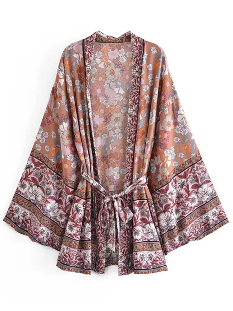 Bohemian Kimono Robe – “Gabriella” Currant Red Short Cover-Up for Beach or Lounge