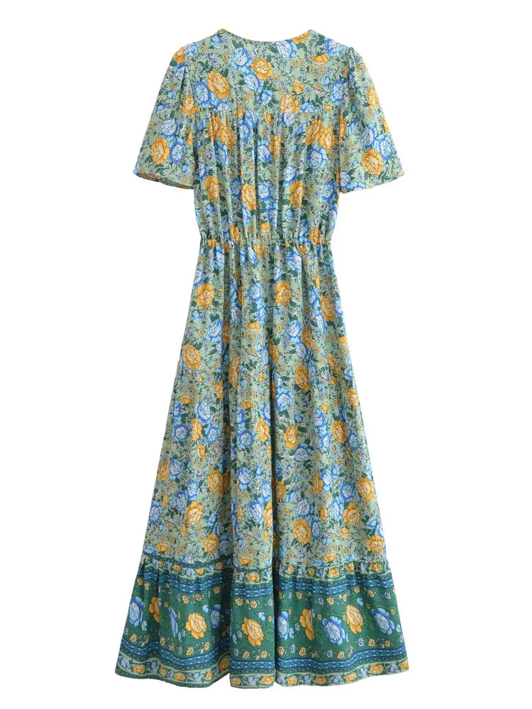 Boho Chic Maxi Dress – Green Floral Print Summer Sundress Elowen