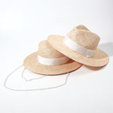 Double Chain Strap Fedora Hat for Women - Summer Sun Hats with Neck Pearls - Sunshade Beach Hat - Raffia Wedding Hat